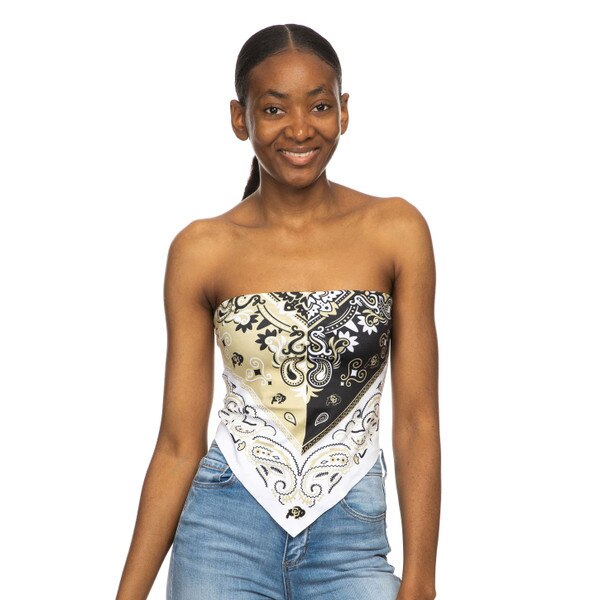 This is a tie back bandeau top with a white bottom, black left side, and gold right side. Each color section has paisley in the other two colors. All CU Buffalo logos are black and gold.